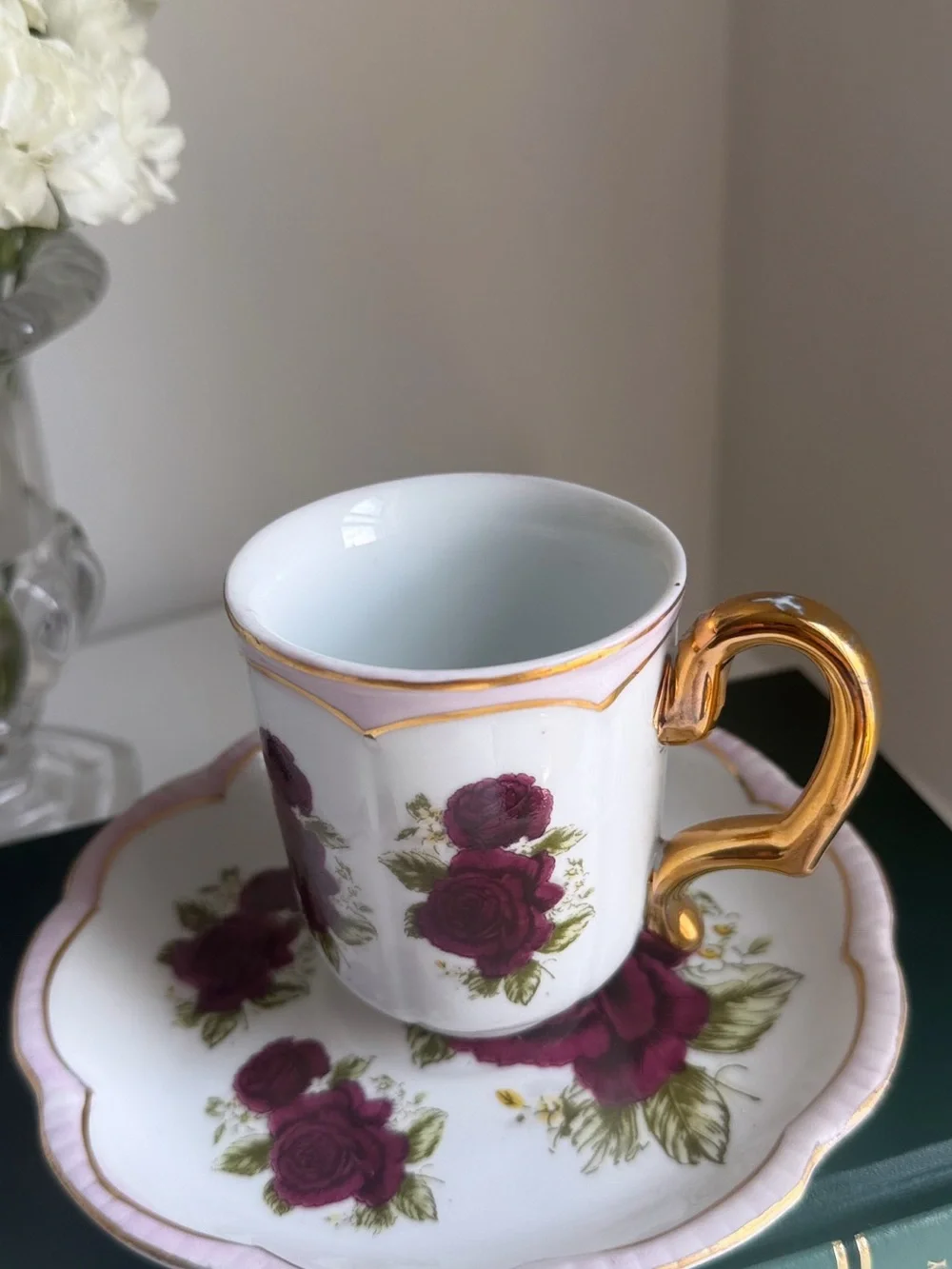 Porcelain Tea Cup and Saucer with Burgundy Rose Pattern and Gold Handle